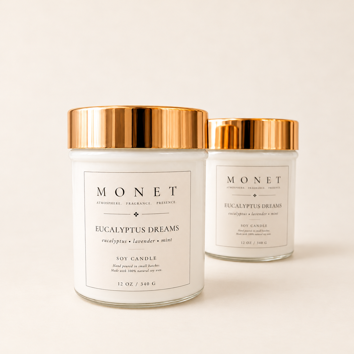 Eucalyptus Dreams — 12 oz Candle, on warm ivory