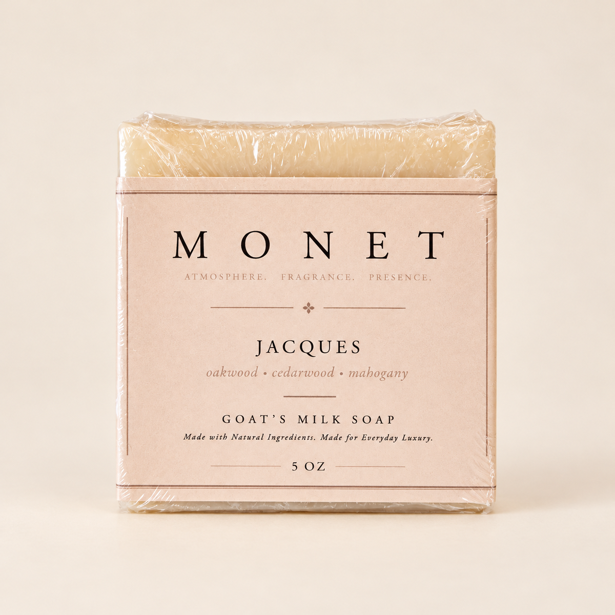 Jacques — Goat’s Milk Soap Bar, current MONET packaging on warm ivory