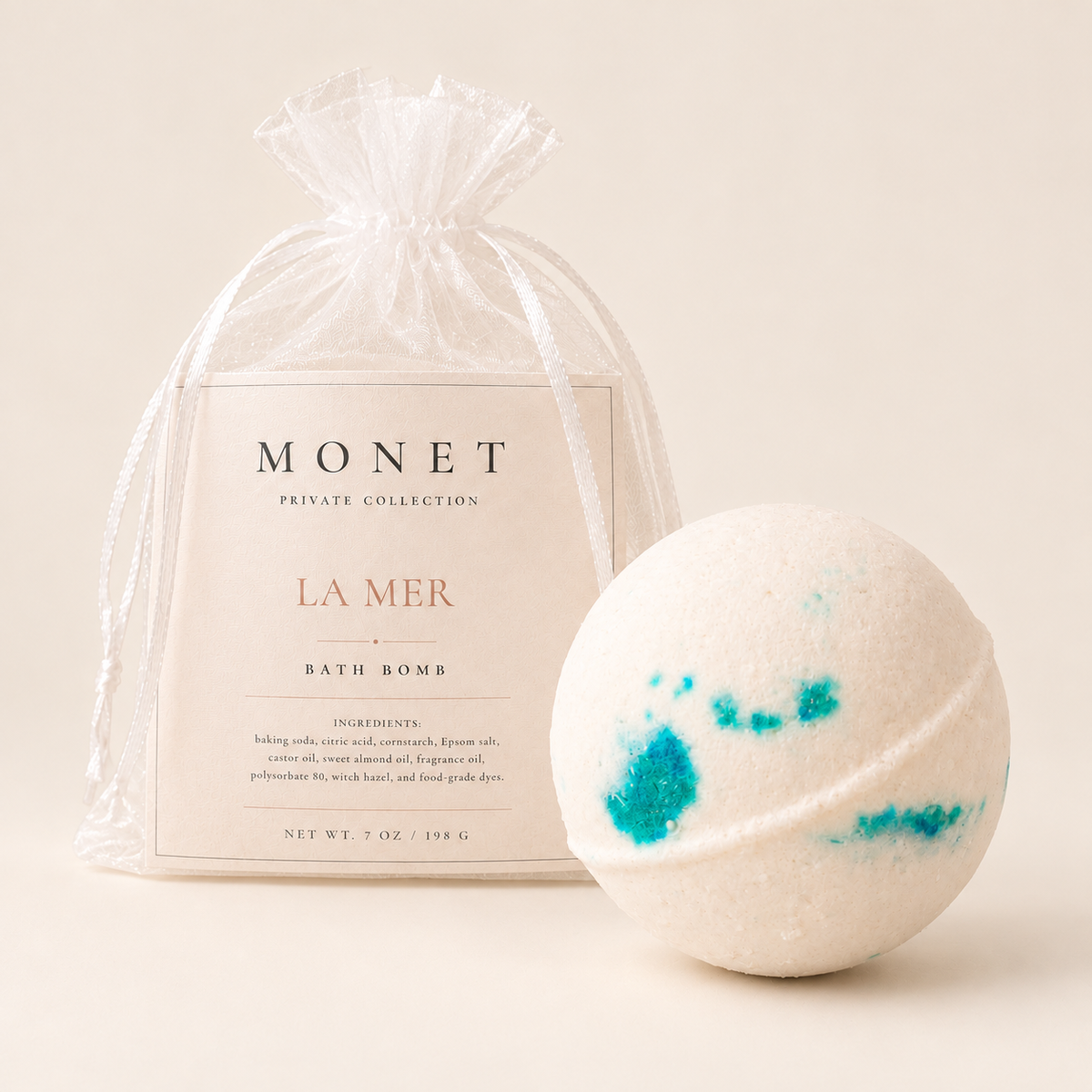 La Mer — Bath Bomb, on warm ivory