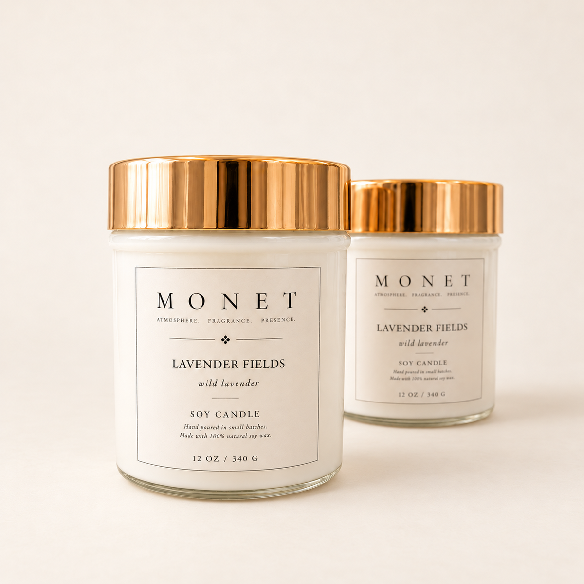 Lavender Fields — 12 oz Candle, on warm ivory