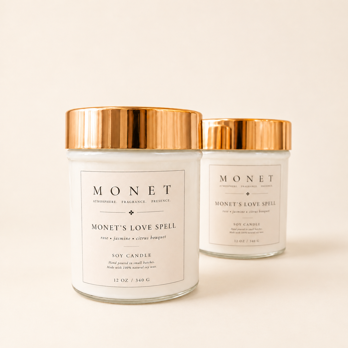 Monet's Love Spell — 12 oz Candle, on warm ivory