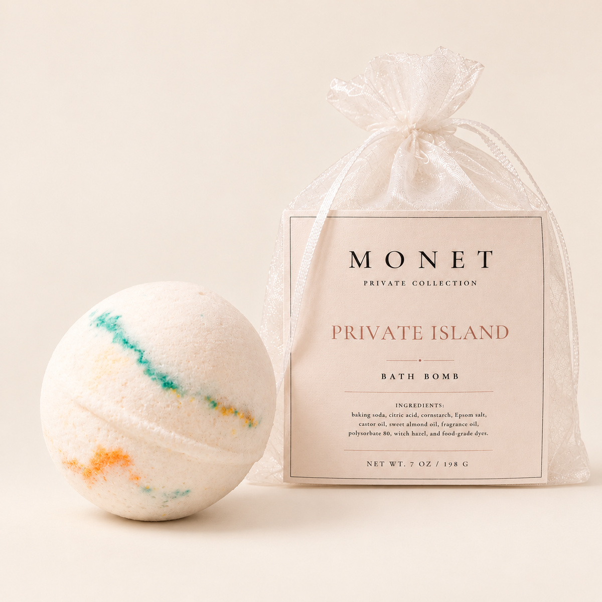 Private Island — Bath Bomb, on warm ivory