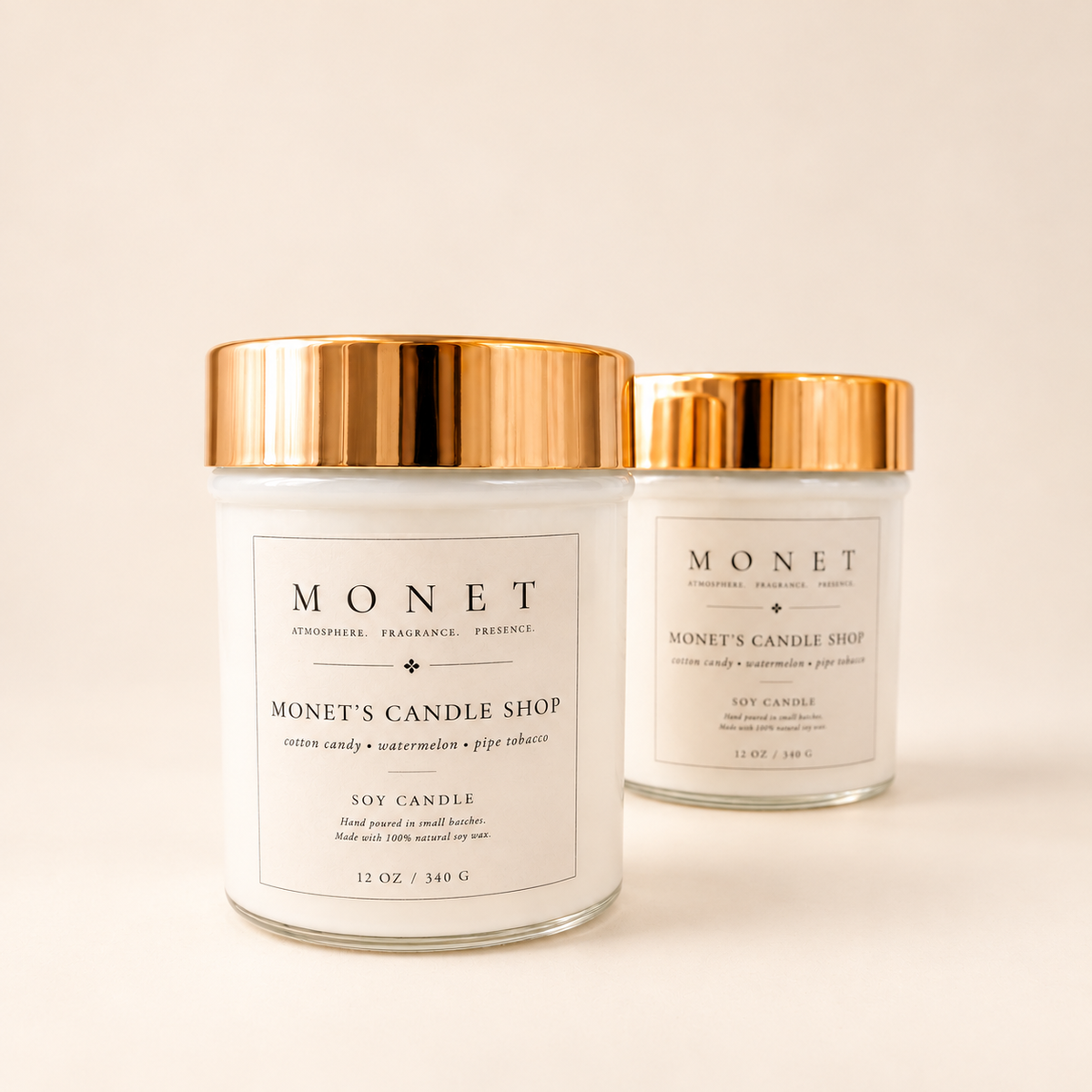 Monet's Candle Shop — 12 oz Candle, on warm ivory